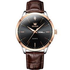 OLEVS 2935 Rose Gold Black leather strap day date quartz watch
