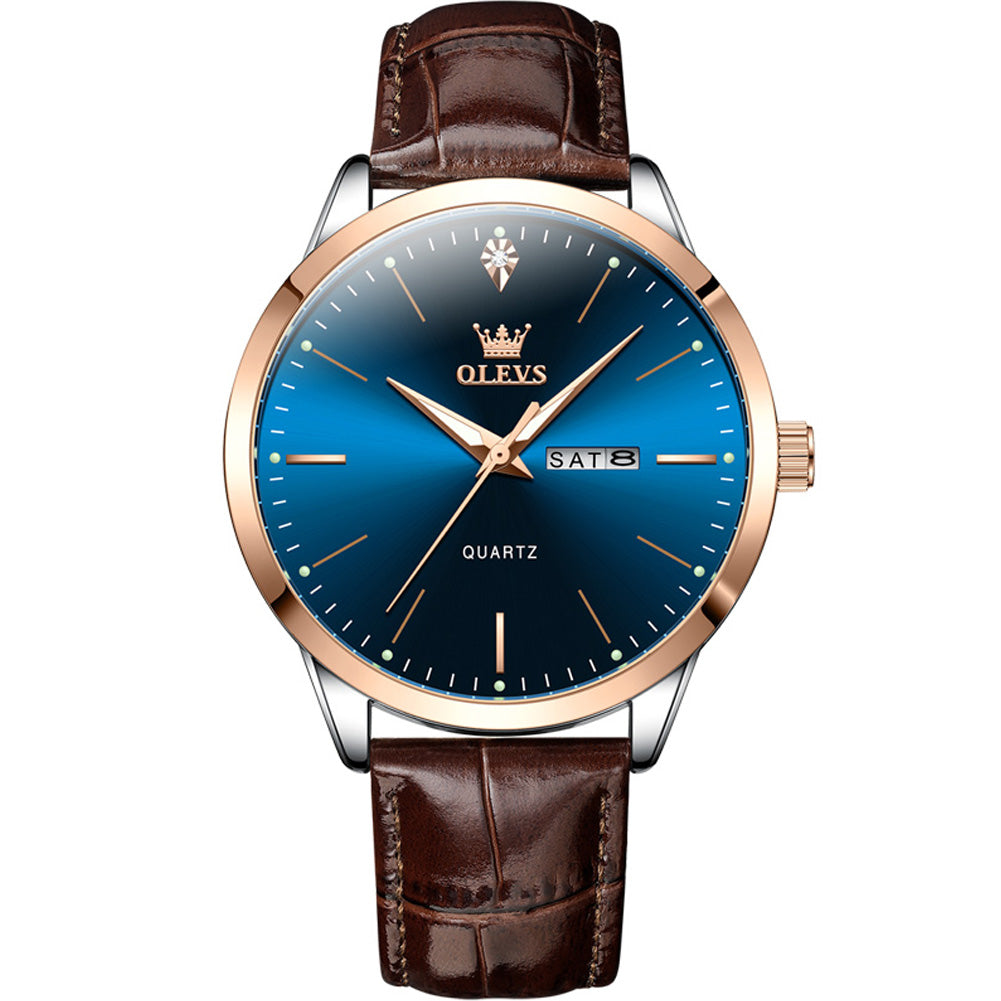 OLEVS 2935 Rose Gold Blue leather strap day date quartz watch