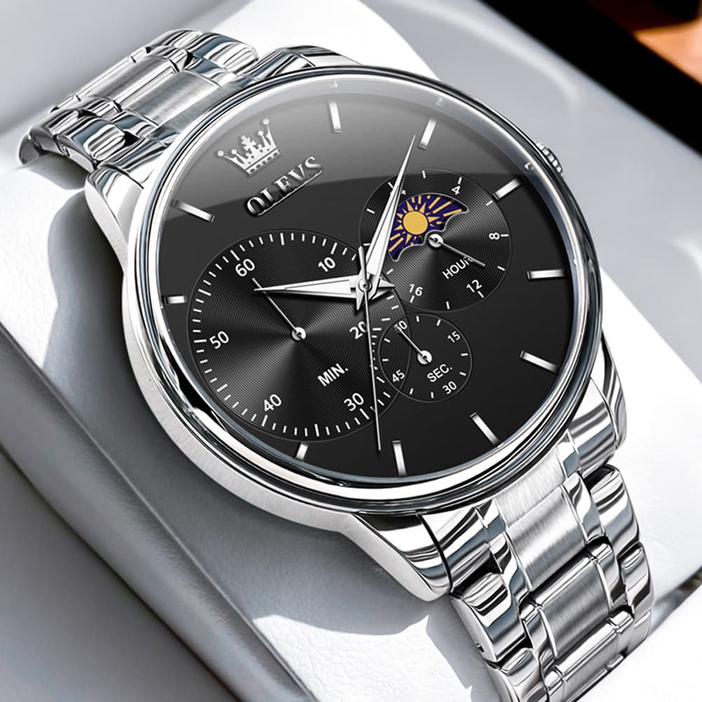 OLEVS 2936 Chronograph Moon Phase Quartz Watch for Men - Silver Black Watch | Olevs Watch Store