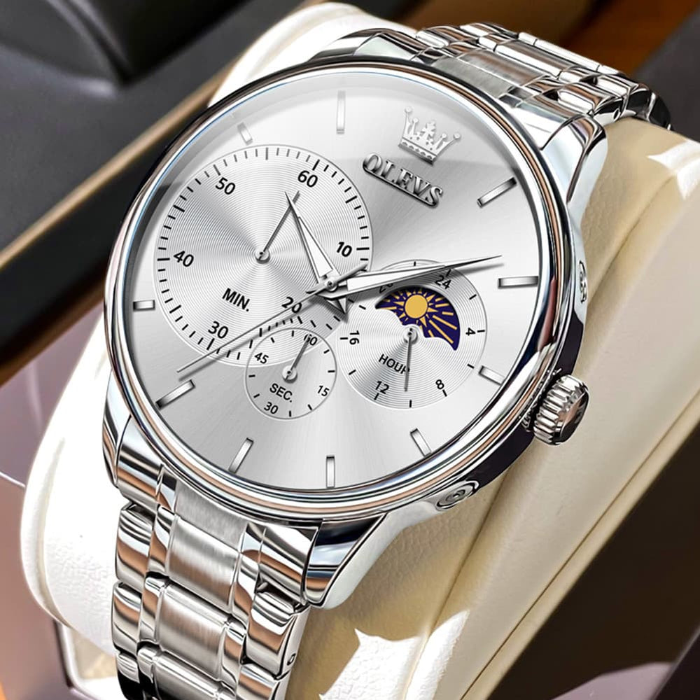 OLEVS 2936 Chronograph Moon Phase Quartz Watch for Men - Silver Black Watch | Olevs Watch Store