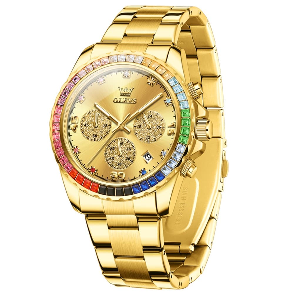 OLEVS 2939 Rainbow Bezel Chronograph Quartz Watch for Men - All Gold Watch | Olevs Watch Store