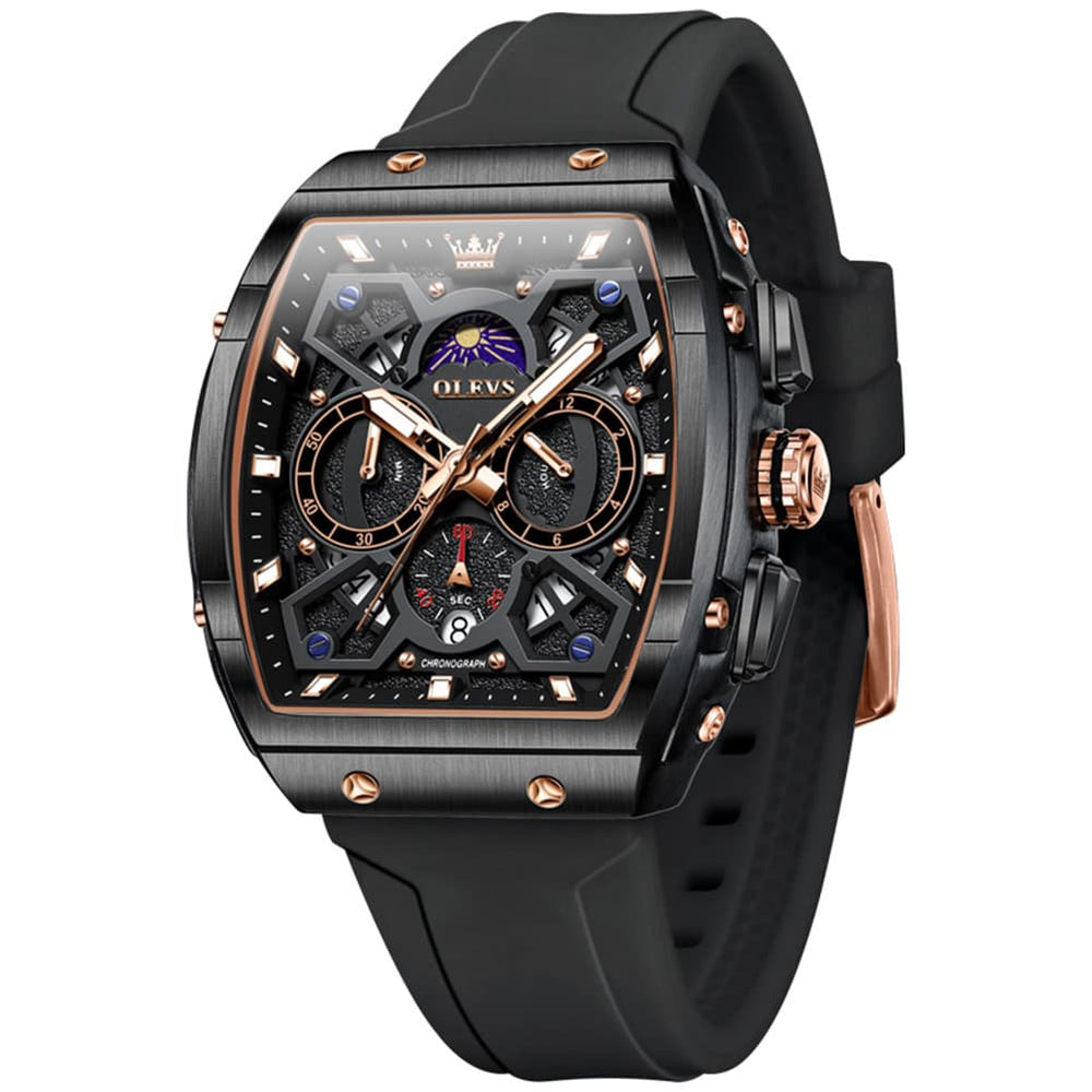 OLEVS 2942 Tonneau Silicone Sports Quartz Watch for Men - Rose Black Watch | Olevs Watch Store