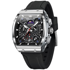 OLEVS 2942 Tonneau Silicone Sports Quartz Watch for Men - Silver Black Watch | Olevs Watch Store