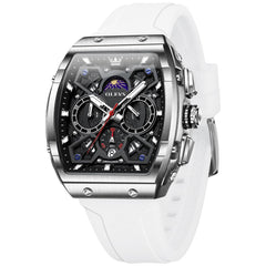 OLEVS 2942 Tonneau Silicone Sports Quartz Watch for Men - Silver White Watch | Olevs Watch Store
