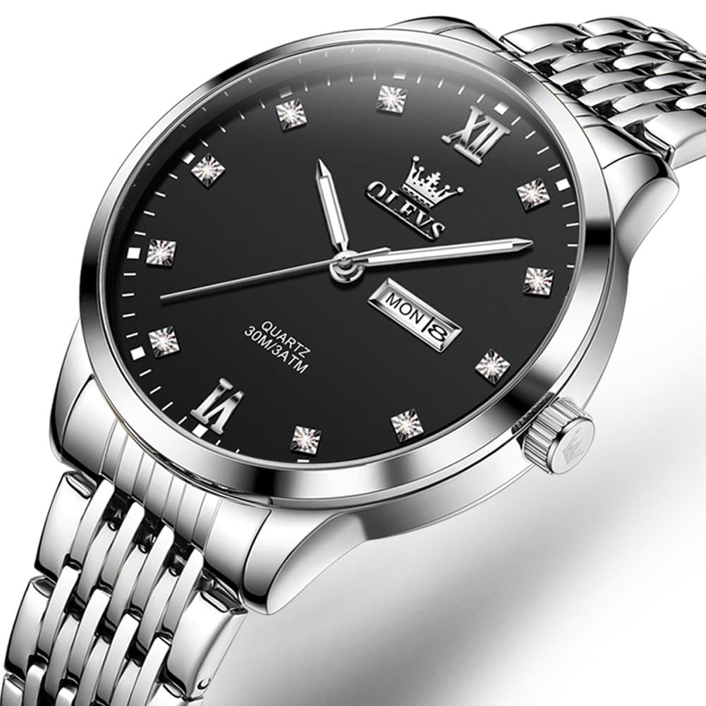 OLEVS 2943 Ultra Thin Diamond Dial Quartz Watch for Men - Silver Black Watch | Olevs Watch Store