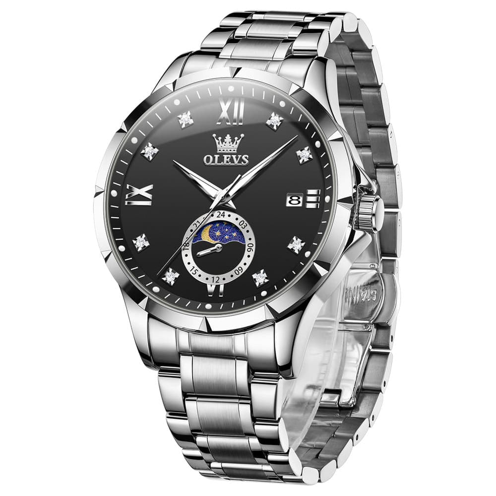 OLEVS 2956 Moon Phase Quartz Watch for Men - Silver Black Watch | Olevs Watch Store