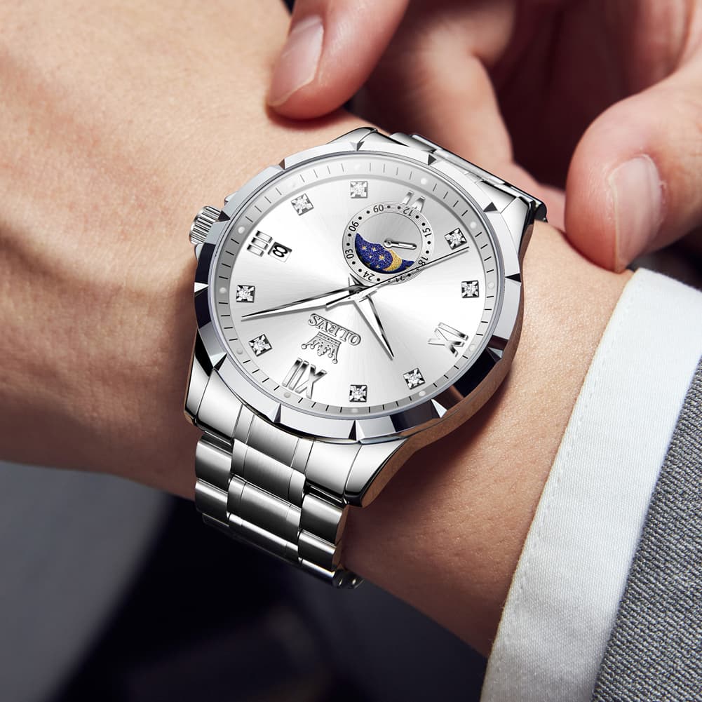 OLEVS 2956 Moon Phase Quartz Watch for Men - Silver Black Watch | Olevs Watch Store