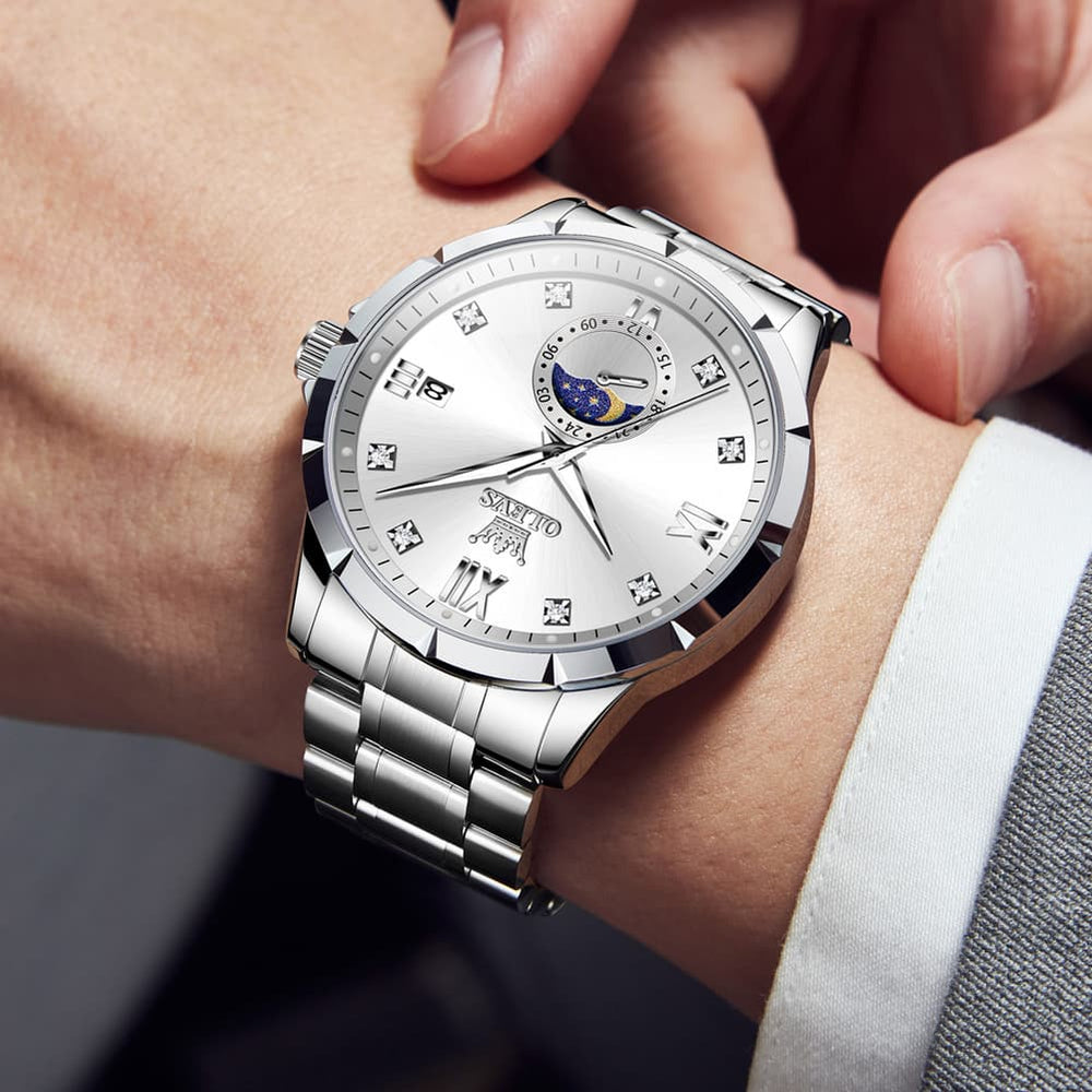 OLEVS 2956 Moon Phase Quartz Watch for Men - Silver Black Watch | Olevs Watch Store