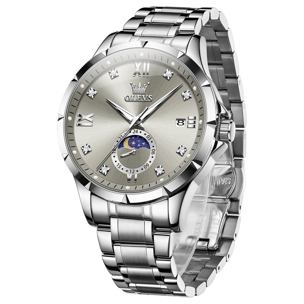 OLEVS 2956 Moon Phase Quartz Watch for Men - Silver Black Watch | Olevs Watch Store