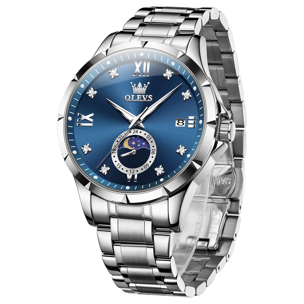 OLEVS 2956 Moon Phase Quartz Watch for Men - Silver Black Watch | Olevs Watch Store