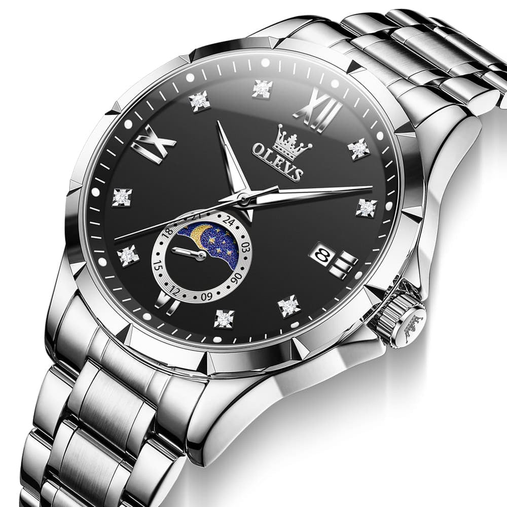 OLEVS 2956 Moon Phase Quartz Watch for Men - Silver Black Watch | Olevs Watch Store