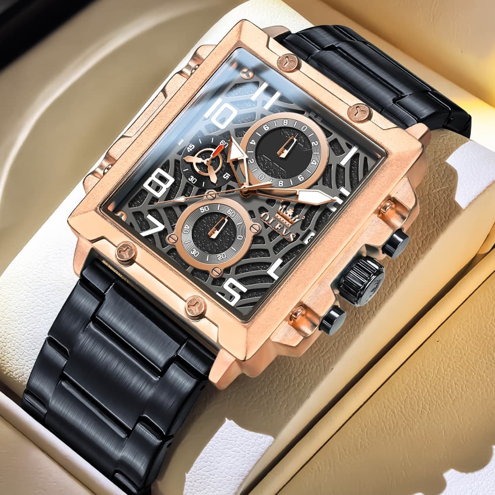 OLEVS 2958 Square Skeleton Chronograph Watch for Men - Rose Gold Watch | Olevs Watch Store