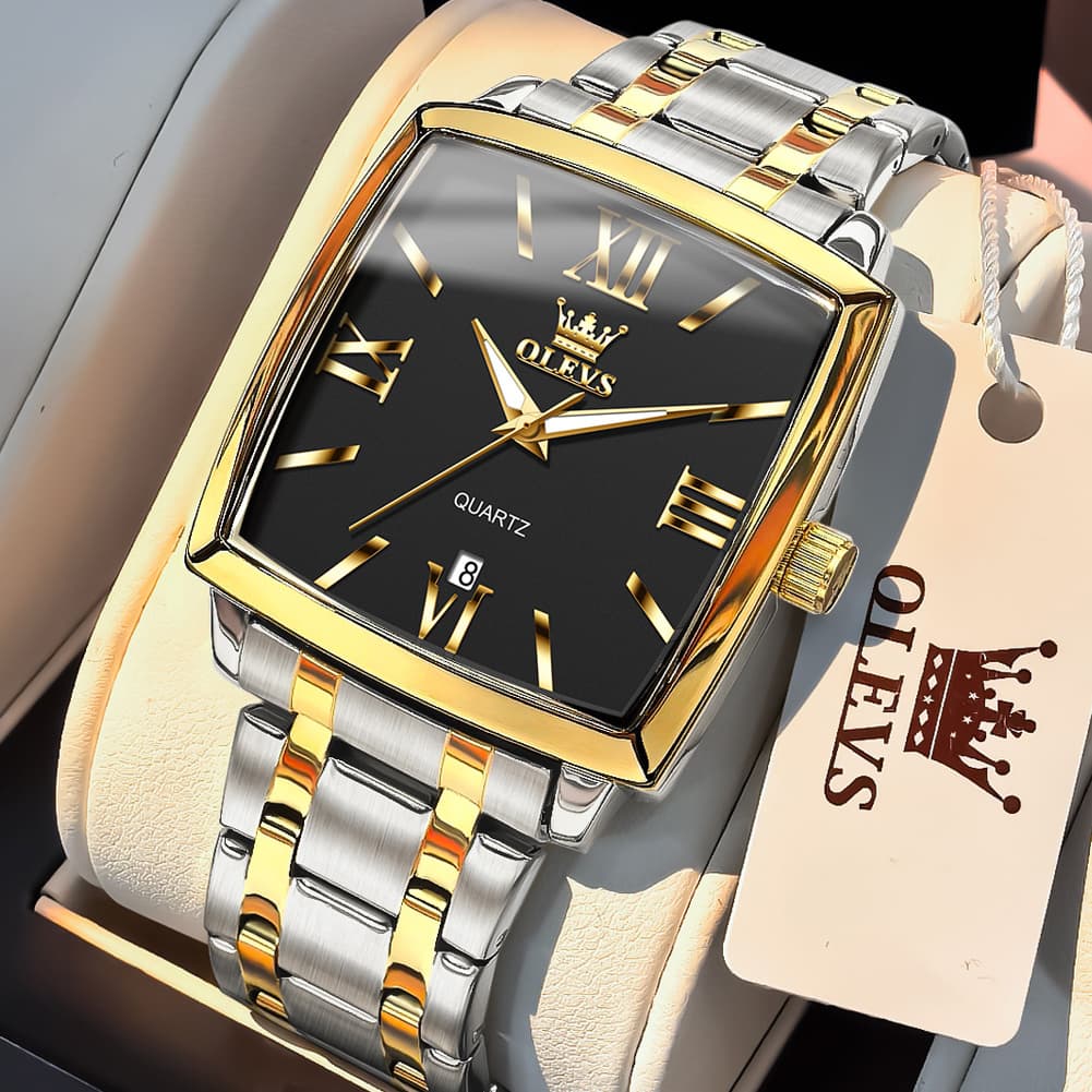 OLEVS 2969 Square Classic Quartz Watch for Men - Gold Black Watch | Olevs Watch Store