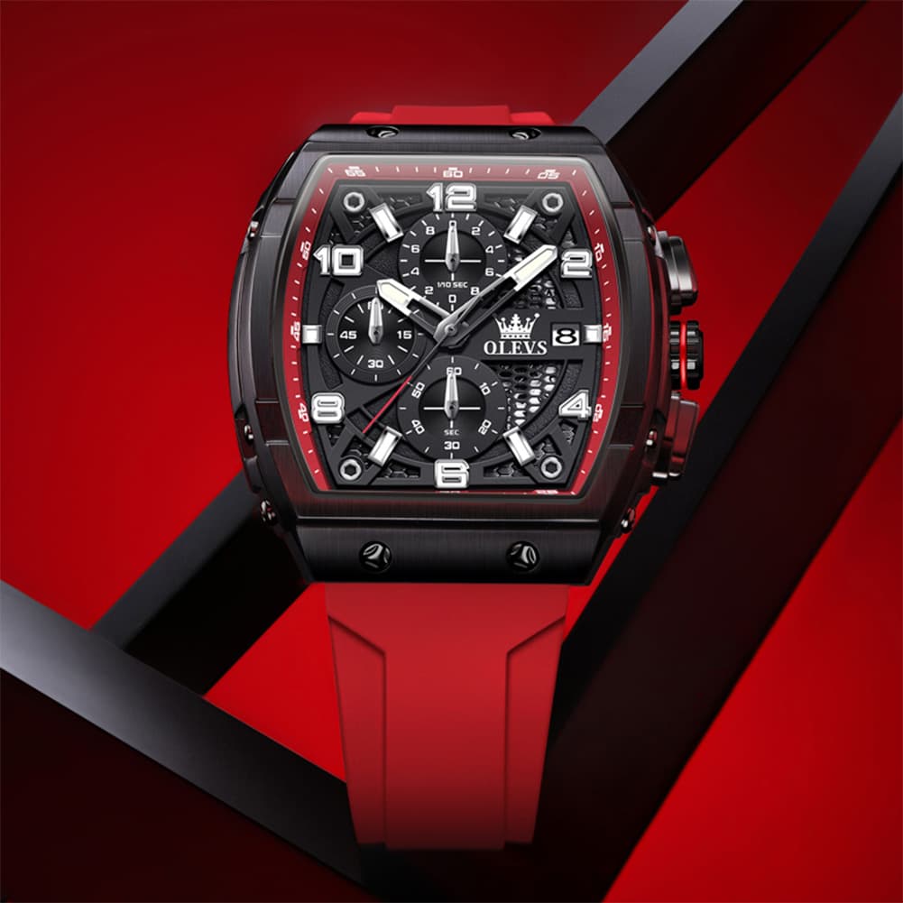 OLEVS 2976 Tonneau Silicone Chronograph Watch for Men - All Black Watch | Olevs Watch Store
