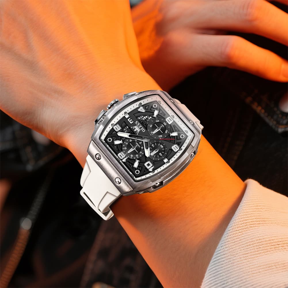 OLEVS 2976 Tonneau Silicone Chronograph Watch for Men - All Black Watch | Olevs Watch Store