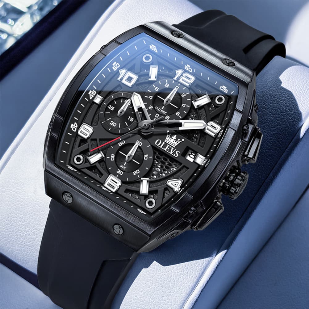 OLEVS 2976 Tonneau Silicone Chronograph Watch for Men - All Black Watch | Olevs Watch Store