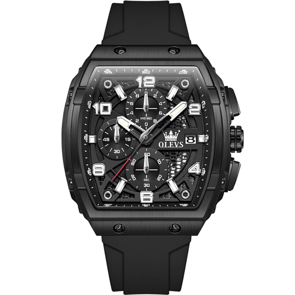 OLEVS 2976 Tonneau Silicone Chronograph Watch for Men - All Black Watch | Olevs Watch Store