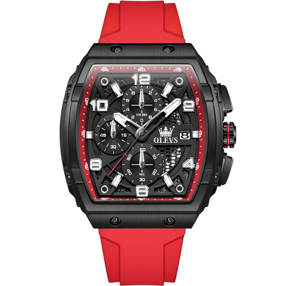 OLEVS 2976 Tonneau Silicone Chronograph Watch for Men - Red Watch | Olevs Watch Store