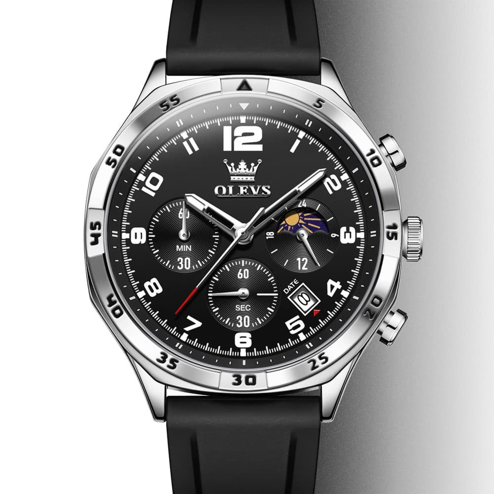 OLEVS 2986 Silicone Moon Phase Chronograph Watch for Men - All Black Watch | Olevs Watch Store