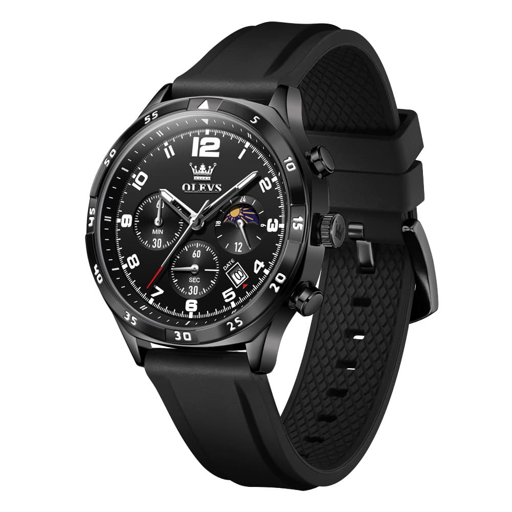 OLEVS 2986 Silicone Moon Phase Chronograph Watch for Men - All Black Watch | Olevs Watch Store