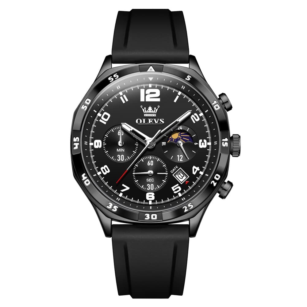 OLEVS 2986 Silicone Moon Phase Chronograph Watch for Men - All Black Watch | Olevs Watch Store