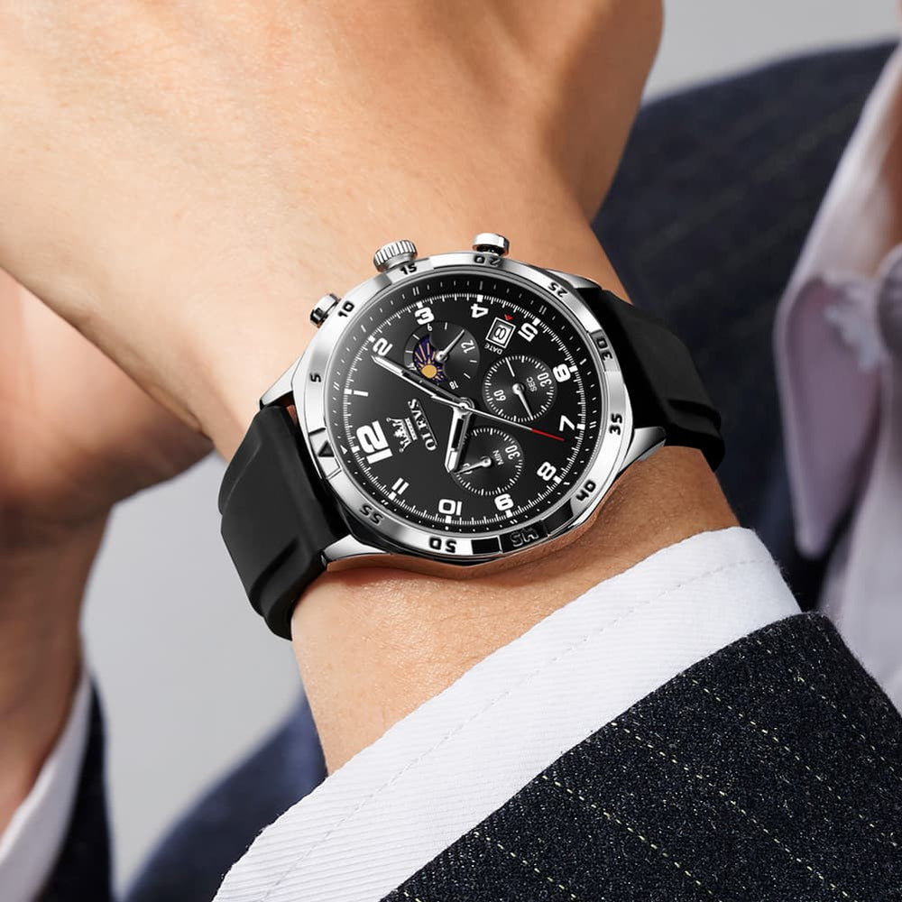 OLEVS 2986 Silicone Moon Phase Chronograph Watch for Men - All Black Watch | Olevs Watch Store