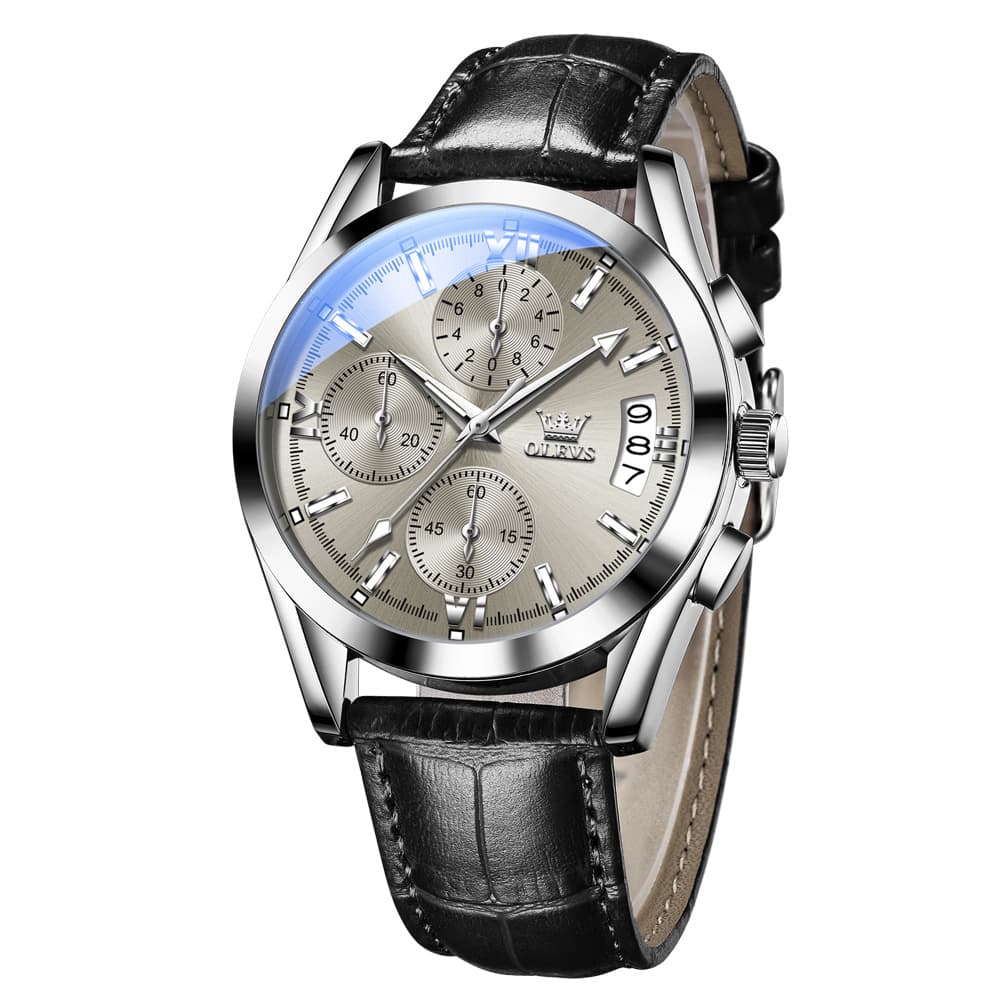 OLEVS 2987 Ultra-Light Leather Chronograph Quartz Watch for Men - Silver Grey Watch | Olevs Watch Store