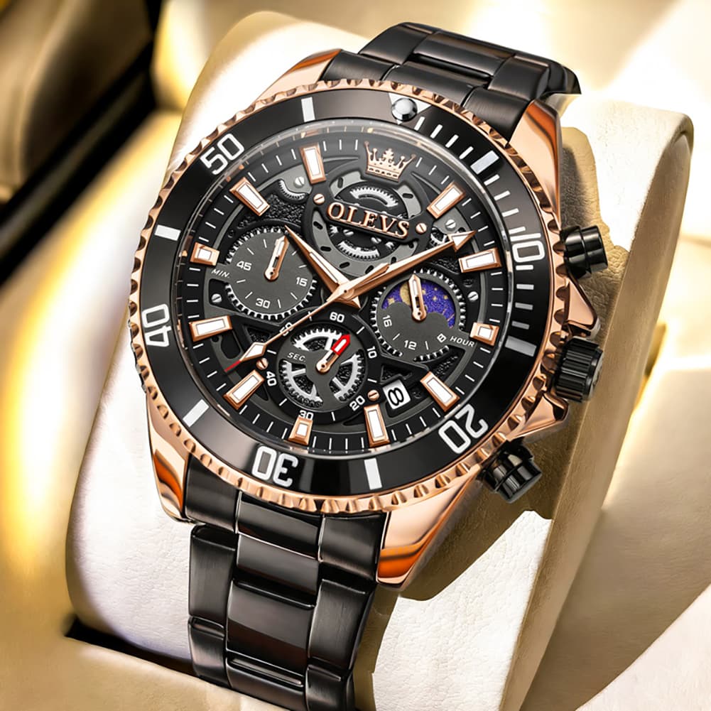 OLEVS 2990 Textured Steel Luminous Sport Watch for Men - All Black Watch | Olevs Watch Store