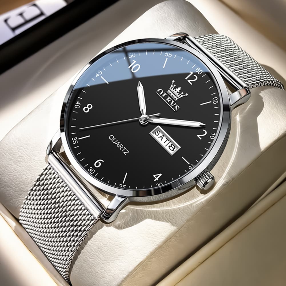 OLEVS 2996 Milanese Steel Minimalist Quartz Watch for Men - Black white Watch | Olevs Watch Store