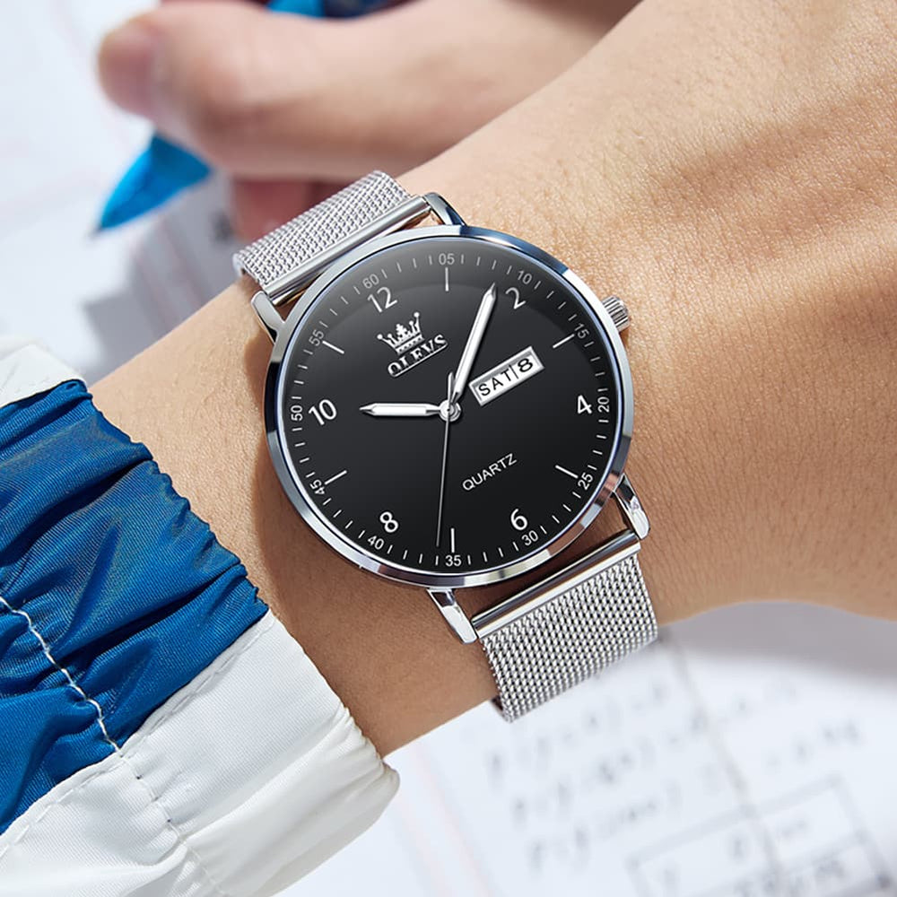 OLEVS 2996 Milanese Steel Minimalist Quartz Watch for Men - Black white Watch | Olevs Watch Store
