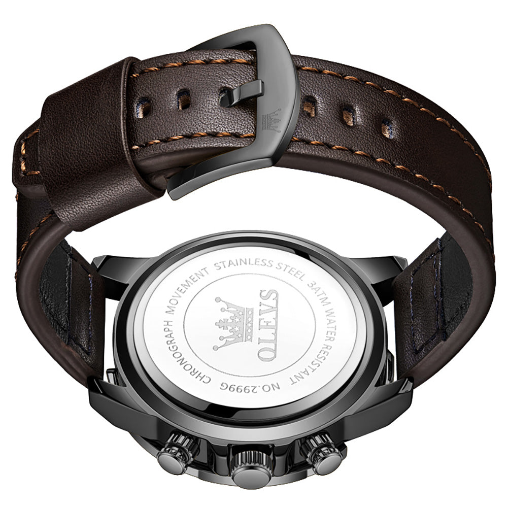 OLEVS 2999 caseback and leather strap buckle
