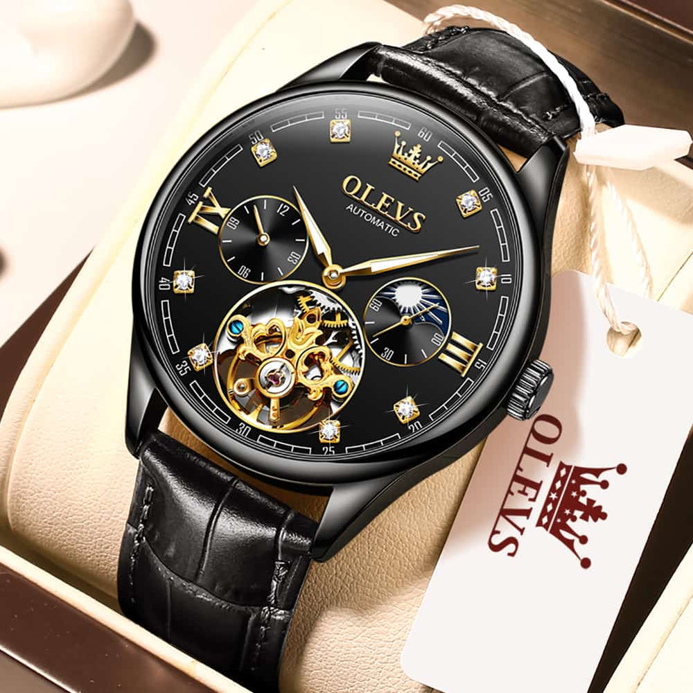 OLEVS 3601 Classic Open Heart Automatic Leather Watch for Men - All Black Watch | Olevs Watch Store