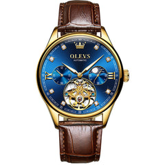 OLEVS 3601 Classic Open Heart Automatic Leather Watch for Men - Gold Blue Watch | Olevs Watch Store