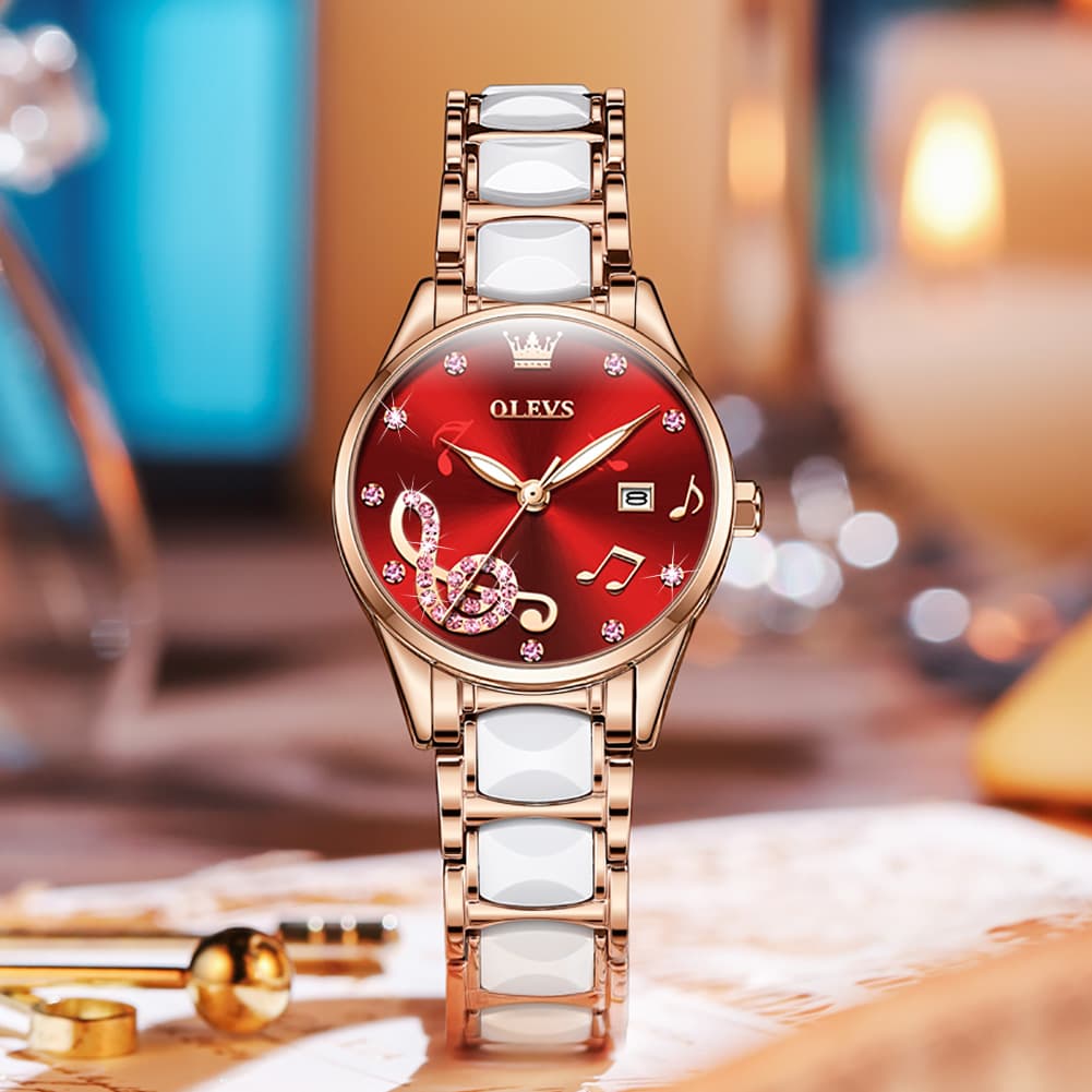 OLEVS 3605 Ceramic Musical Note Quartz Watch for Women - Rose Pink Watch | Olevs Watch Store
