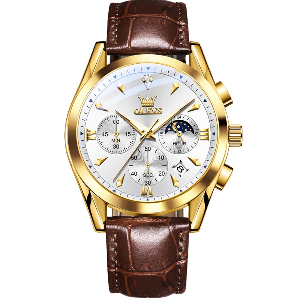 OLEVS 3609 Multifunction Leather Quartz Watch for Men - Gold White Watch | Olevs Watch Store