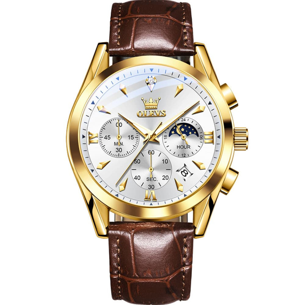 OLEVS 3609 Multifunction Leather Quartz Watch for Men - Gold White Watch | Olevs Watch Store