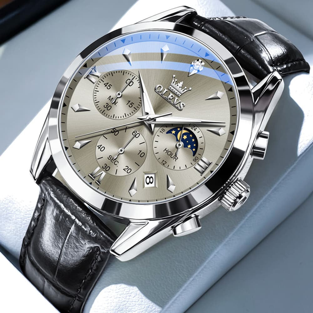 OLEVS 3609 Multifunction Leather Quartz Watch for Men - Rose White Watch | Olevs Watch Store