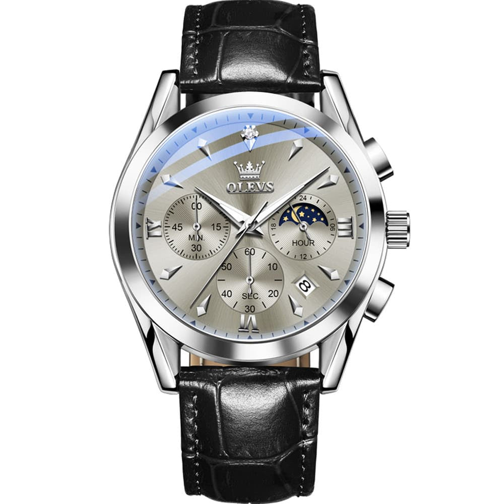 OLEVS 3609 Multifunction Leather Quartz Watch for Men - Silver Grey Watch | Olevs Watch Store