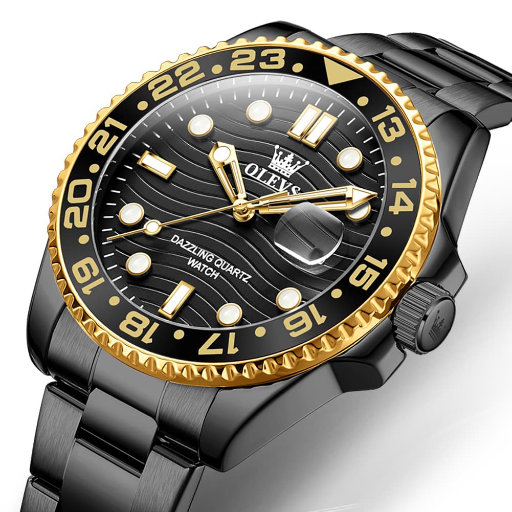 OLEVS 3610 Dive Style Steel Quartz Watch for Men - Black Gold Watch | Olevs Watch Store