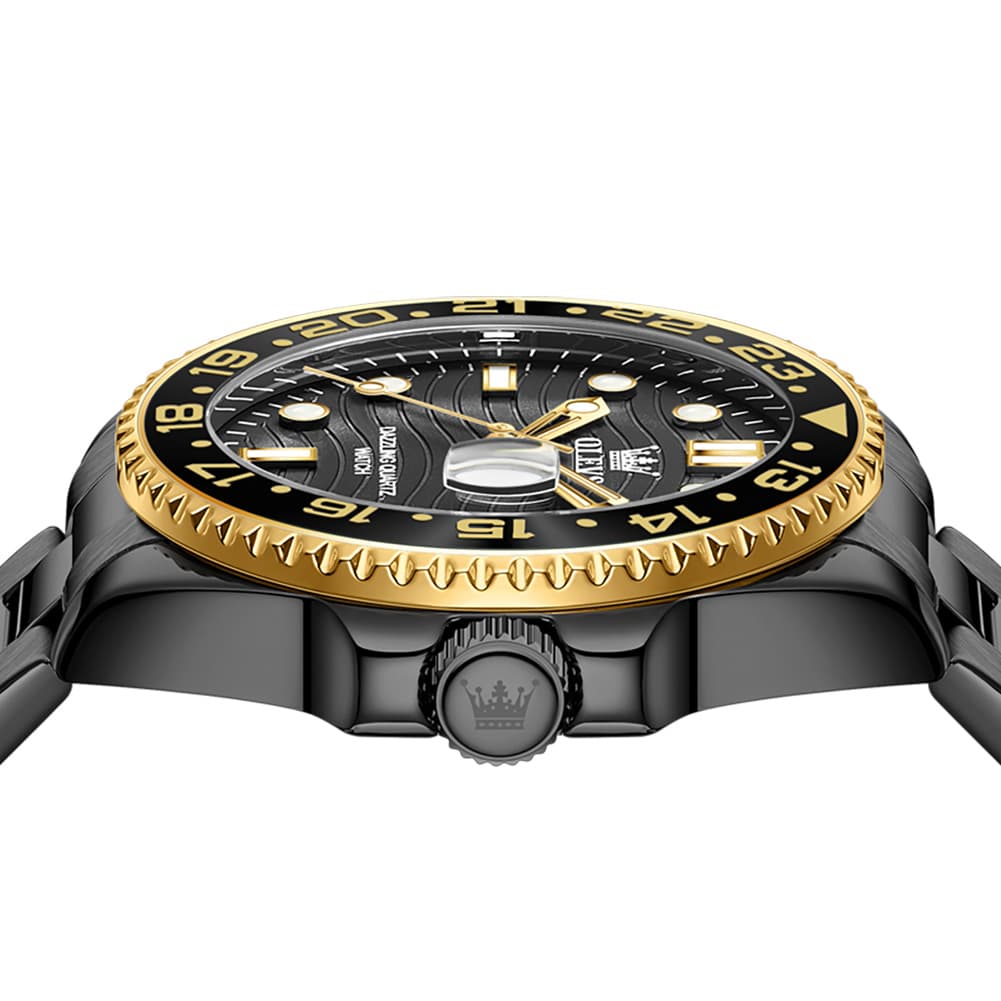 OLEVS 3610 Dive Style Steel Quartz Watch for Men - Black Gold Watch | Olevs Watch Store