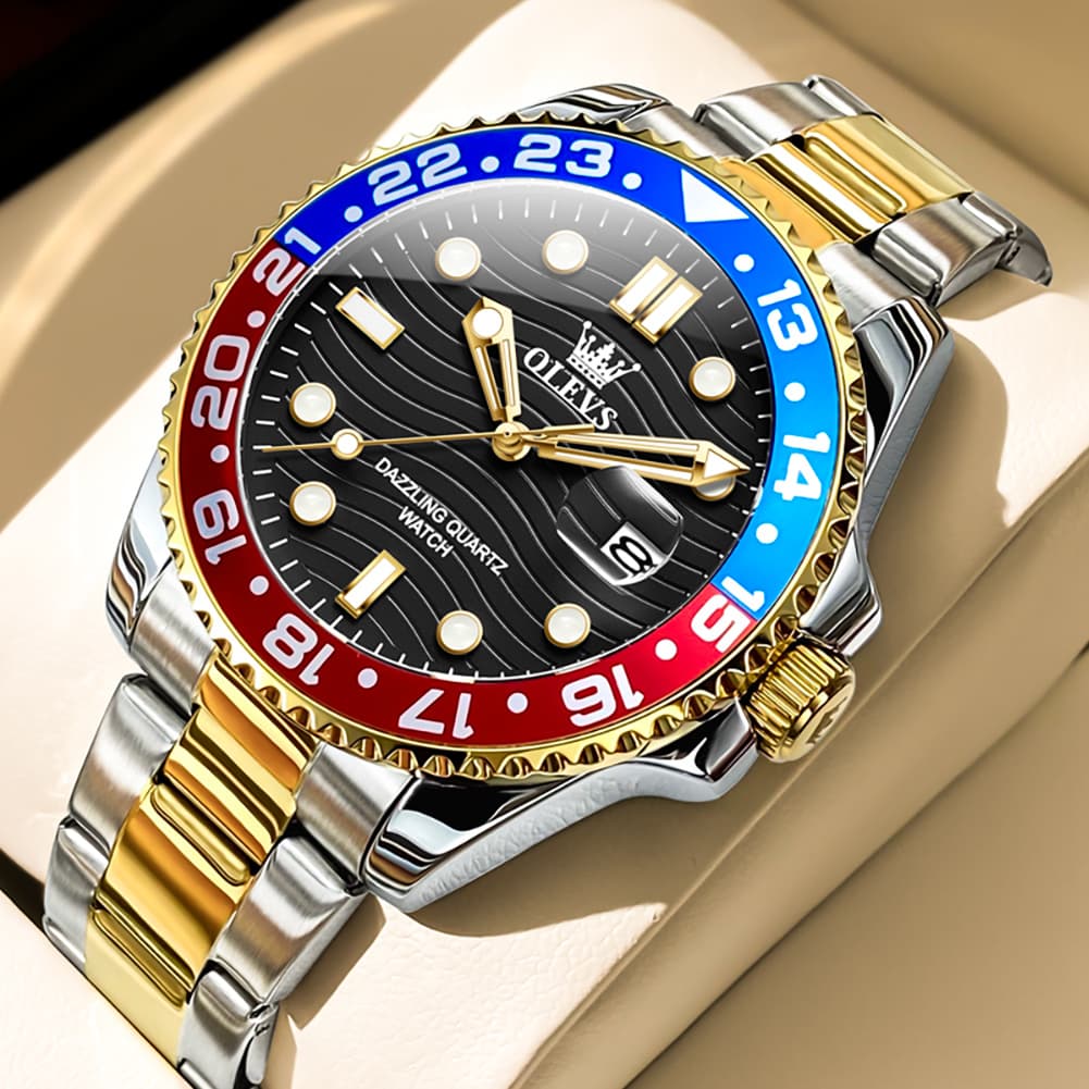 OLEVS 3610 Dive Style Steel Quartz Watch for Men - Black Gold Watch | Olevs Watch Store