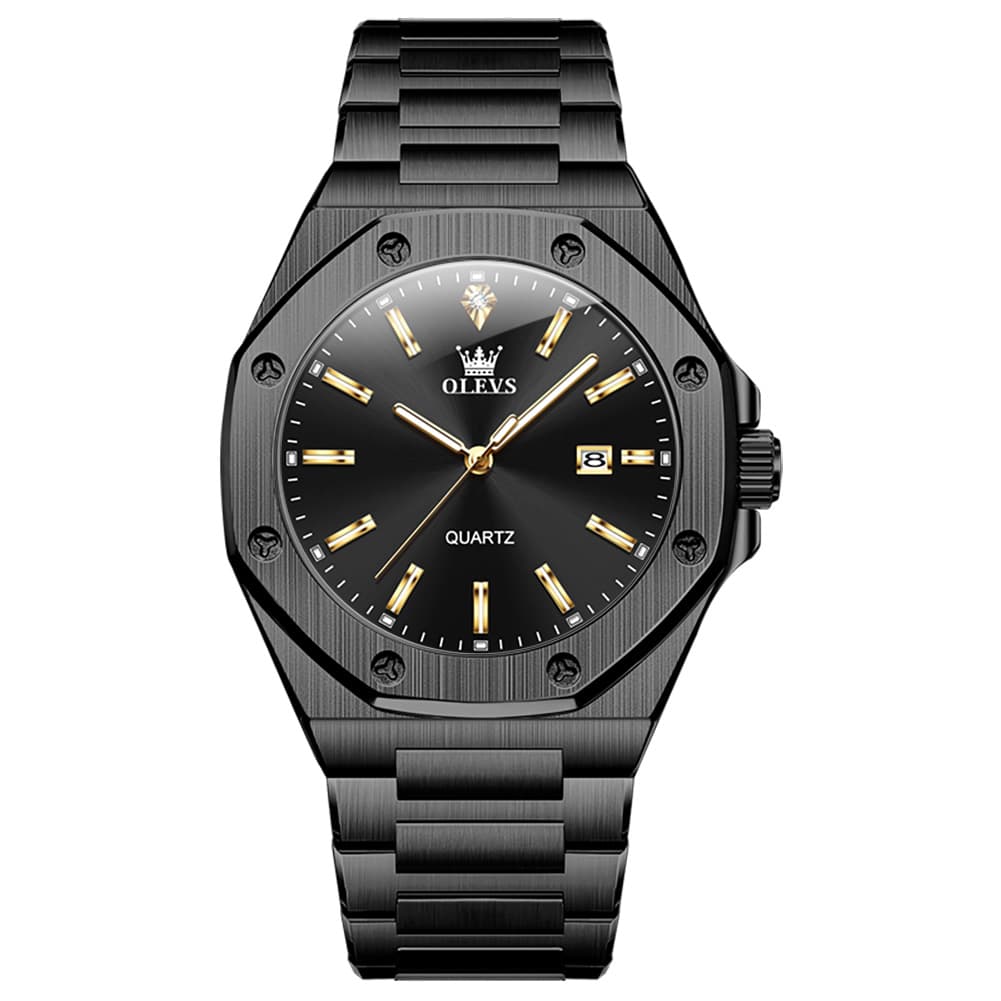 OLEVS 3613 Octagonal Bezel Quartz Steel Watch for Men - All Black Watch | Olevs Watch Store