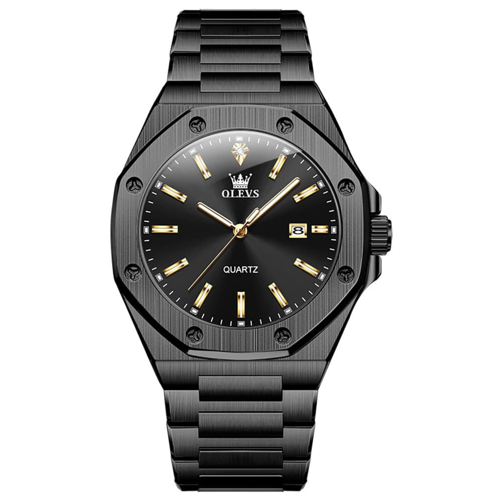 OLEVS 3613 Octagonal Bezel Quartz Steel Watch for Men - All Black Watch | Olevs Watch Store