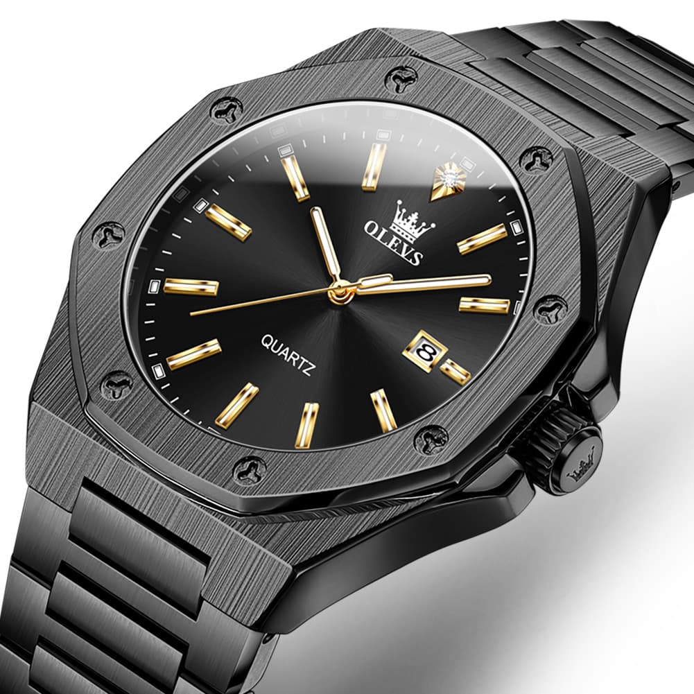 OLEVS 3613 Octagonal Bezel Quartz Steel Watch for Men - All Black Watch | Olevs Watch Store