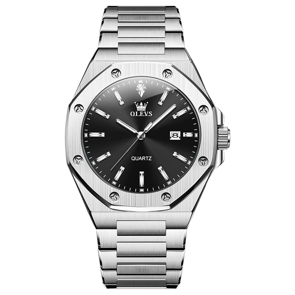 OLEVS 3613 Octagonal Bezel Quartz Steel Watch for Men - Silver Black Watch | Olevs Watch Store