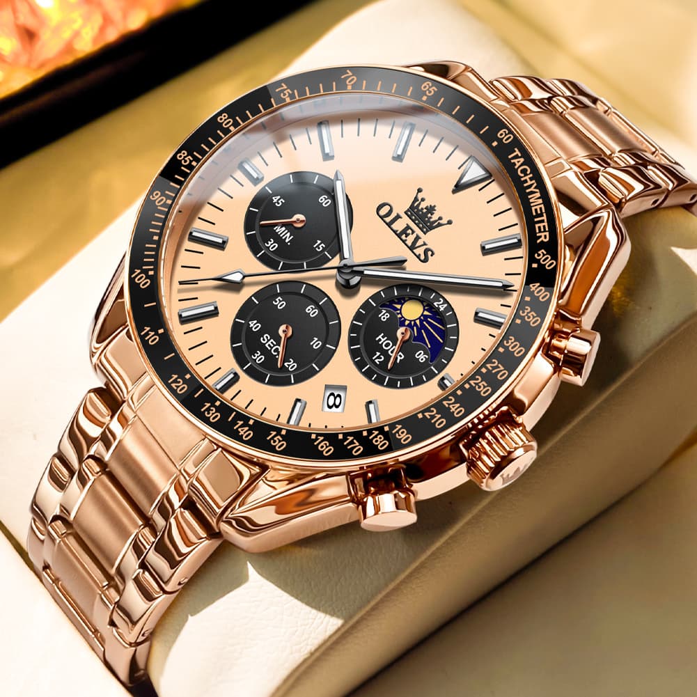 OLEVS 3618 Chronograph Moon Phase Quartz Watch for Men - Rose Gold Watch | Olevs Watch Store