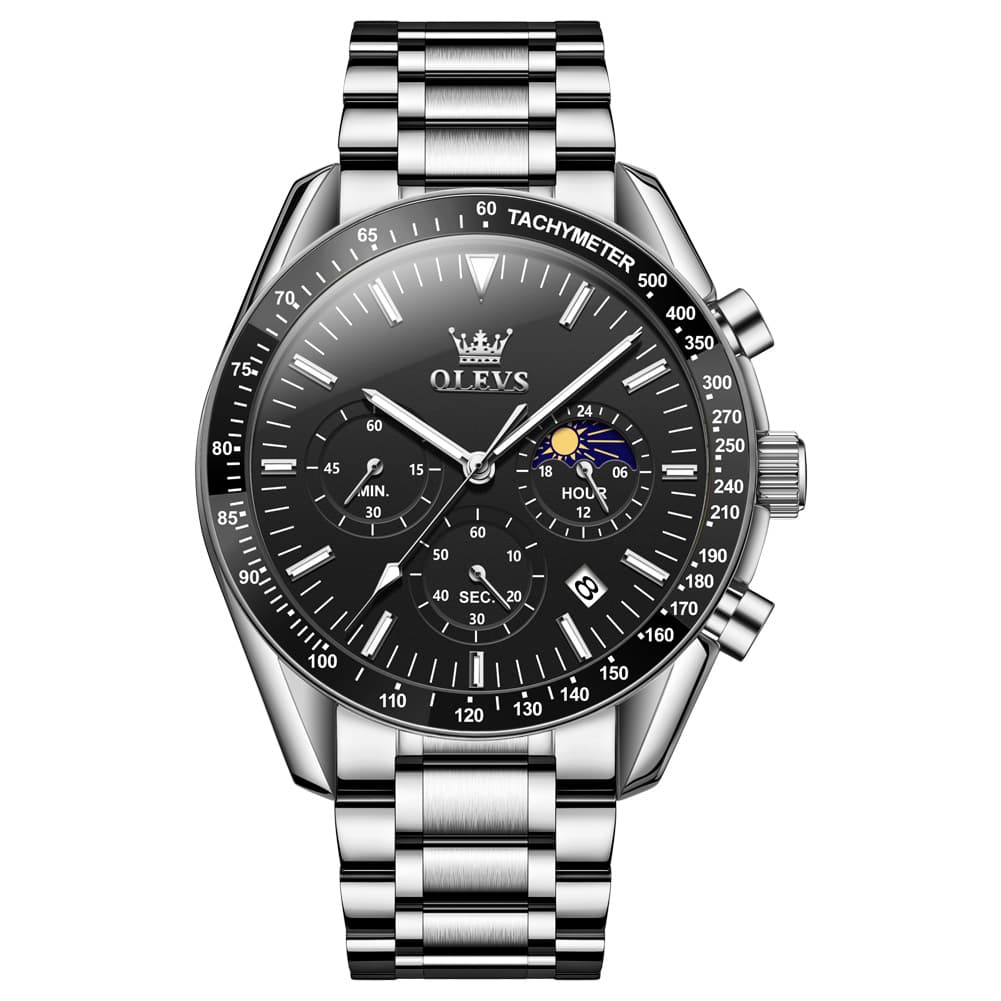 OLEVS 3618 Chronograph Moon Phase Quartz Watch for Men - Silver Black Watch | Olevs Watch Store