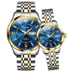 OLEVS 3620Q Classic Diamond Quartz Couple Watches Set - Two Tone Blue Watch | Olevs Watch Store