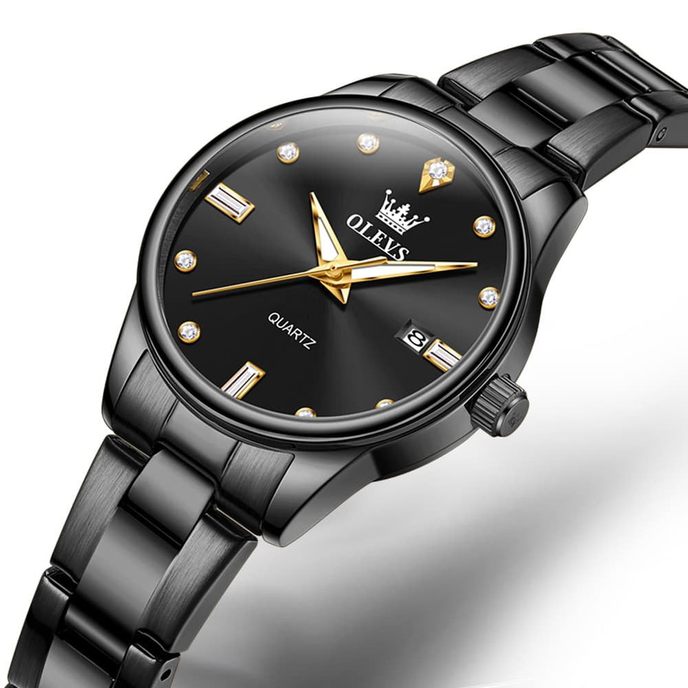 OLEVS 3621NS Minimalist Diamond Quartz Steel Watch for Women - All Black Watch | Olevs Watch Store