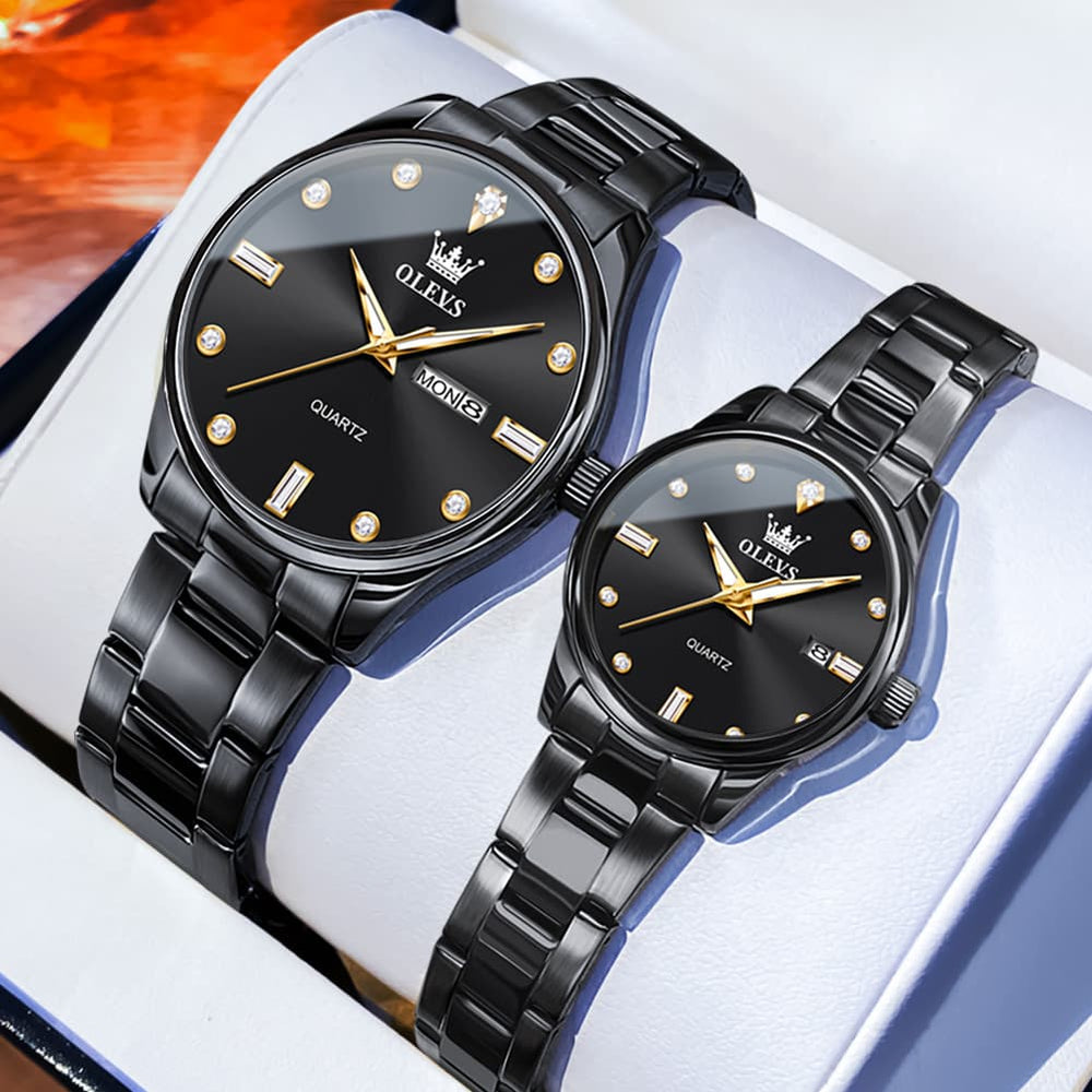 OLEVS 3621Q Minimalist Diamond Quartz Couple Watches Set - All Gold Watch | Olevs Watch Store